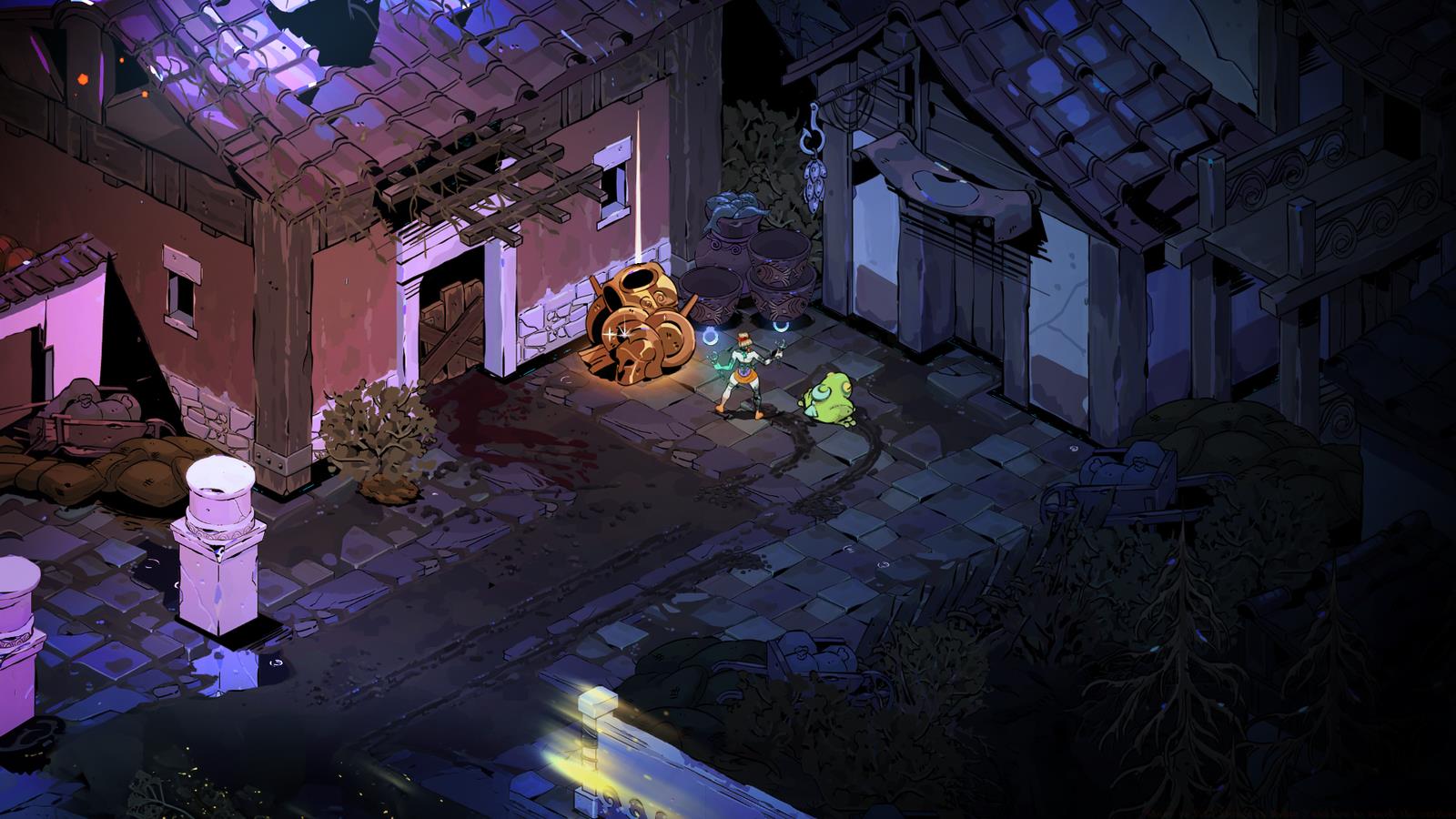 Melinoë and her pet frog hang out by some bronze in Hades 2