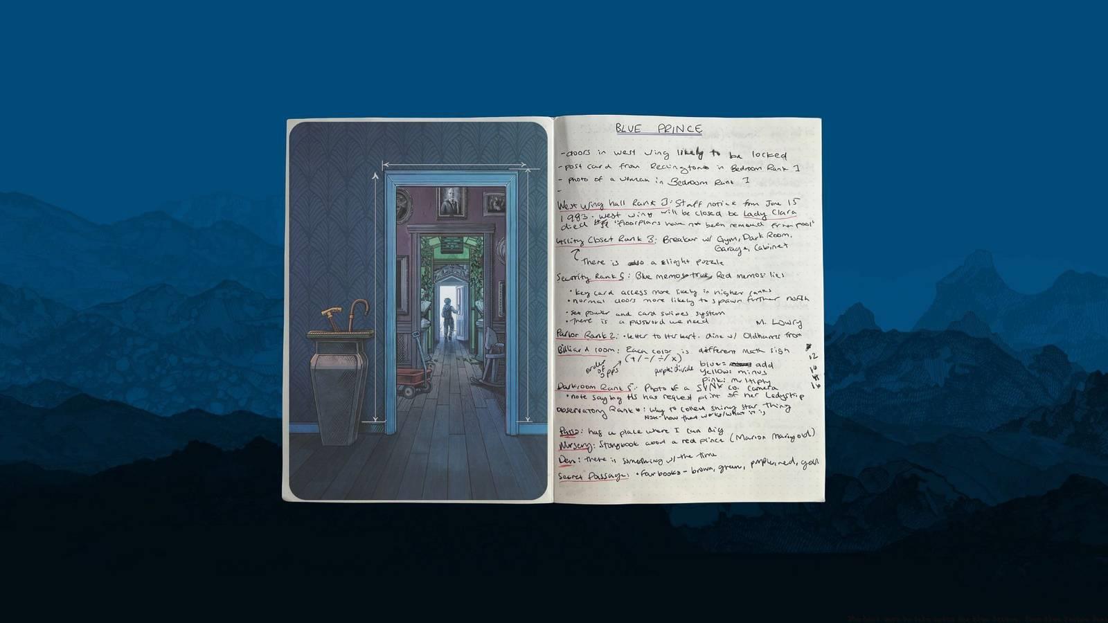 A graphic showing a notebook layered over a blurred background of a mountain range. The notebook contains scribbles marking down information for the game Blue Prince.