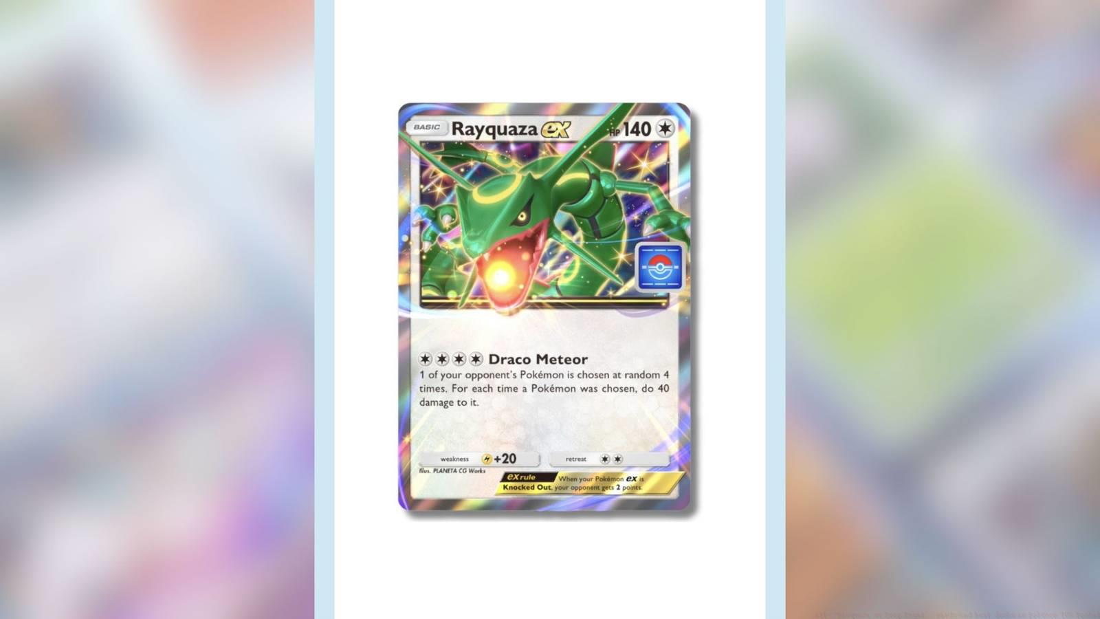 An graphic showing Rayquaza ex layered over a blurred background in TCG Pocket.