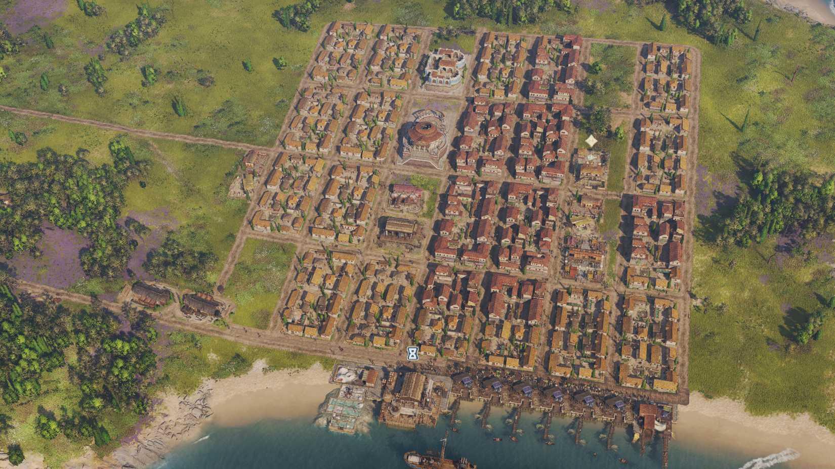 A city with a grid layout in Anno 117: Pax Romana.