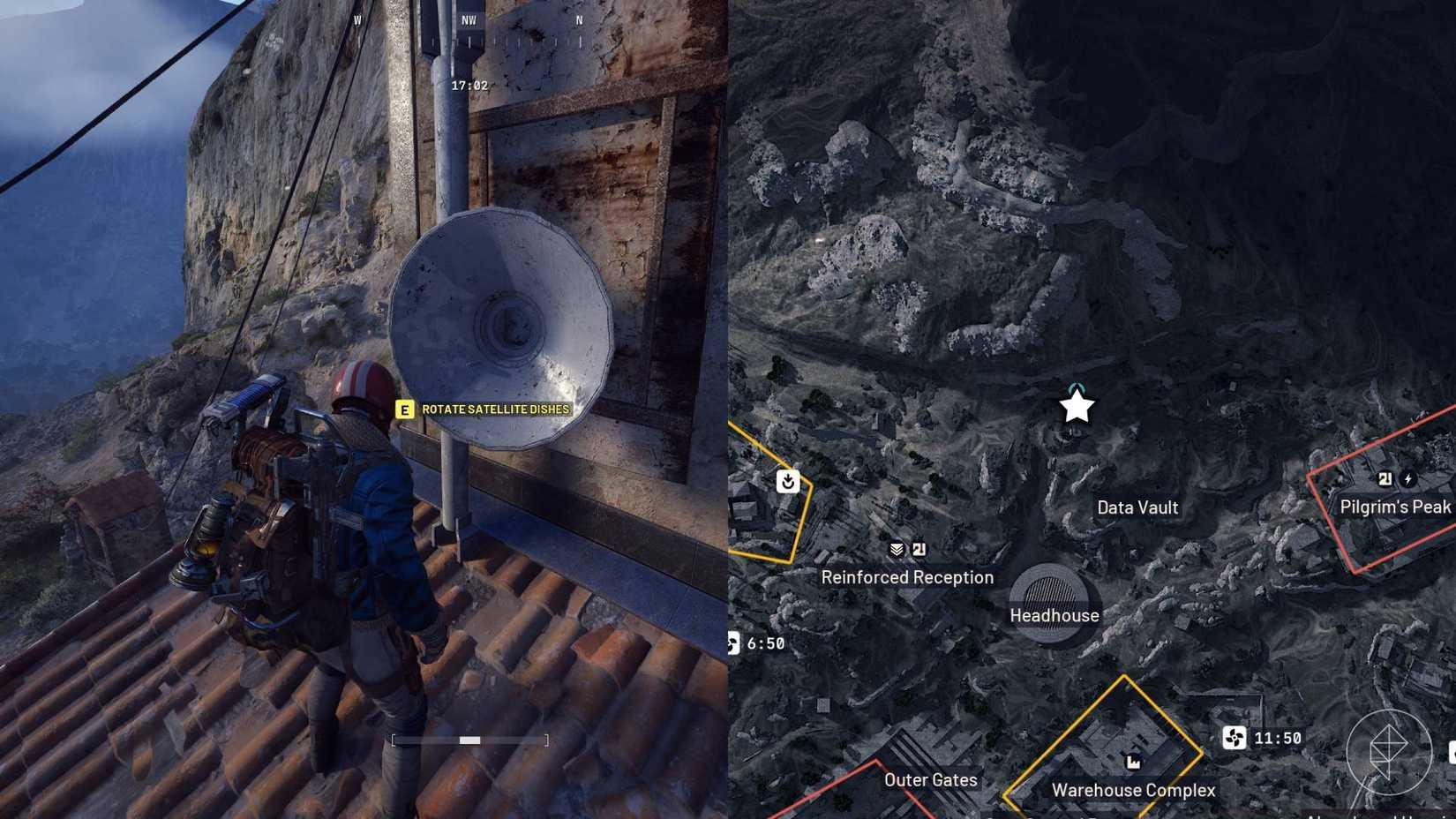A split image showing the map location for the objective on the right-hand side, and the player character standing in front of the objective on the left.