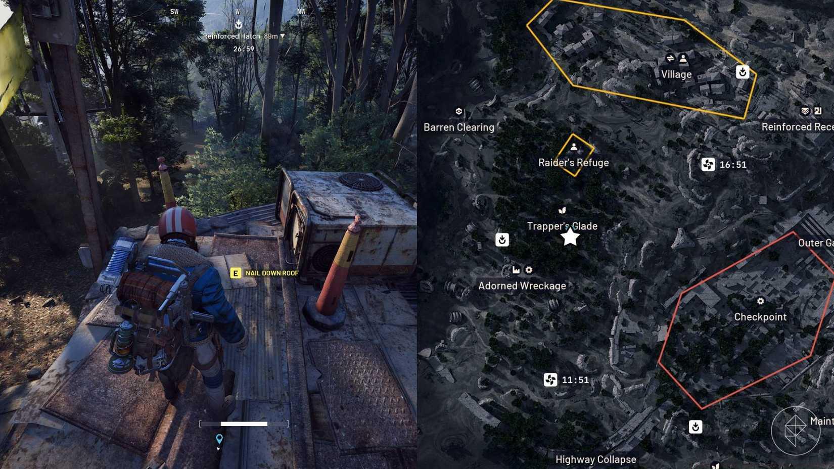 A split image showing the map location for the objective on the right-hand side, and the player character standing in front of the objective on the left.