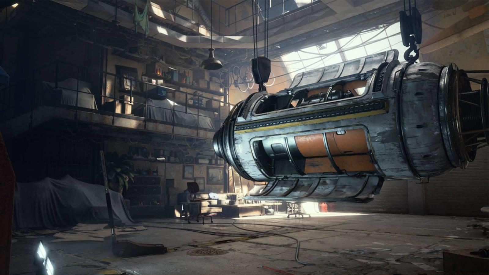 A workshop in Arc Raiders where a caravan is being built.