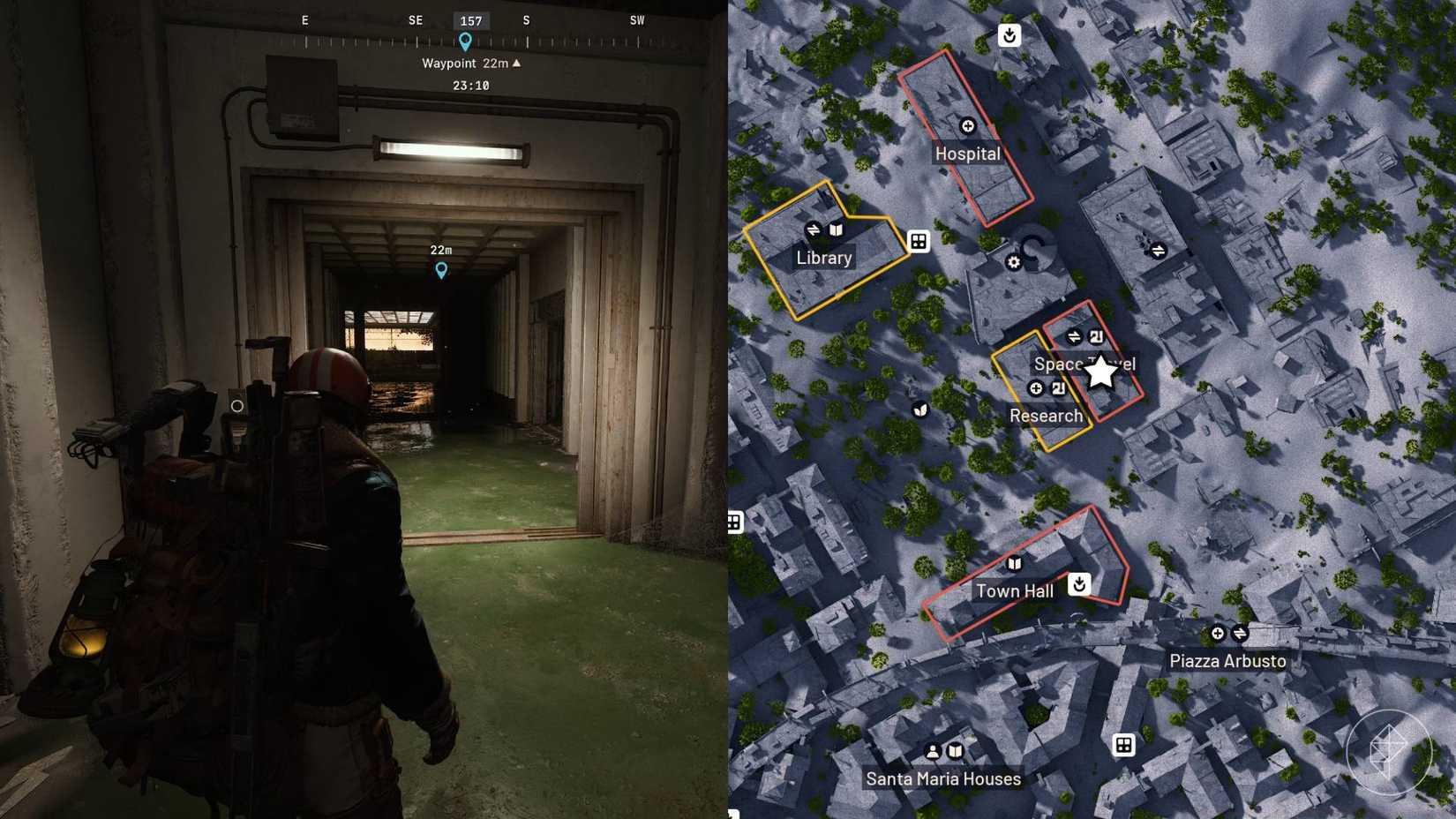 A split image showing the player character in Arc Raiders standing near the location they must visit to complete the quest on the left, and the location on the in-game map marked with a star icon on the right.