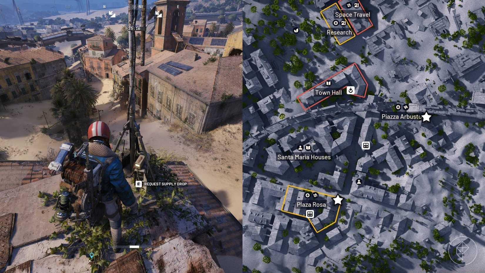 A split image with the left-hand side showing the player character in front of a call station, and the right-hand image showing the two best supply drop locations on Buried City in Arc Raiders.