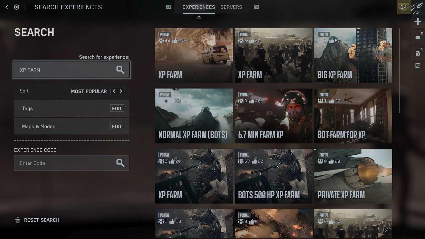 A screenshot of the community experiences tab in Battlefield 6 with XP farms in the search bar.