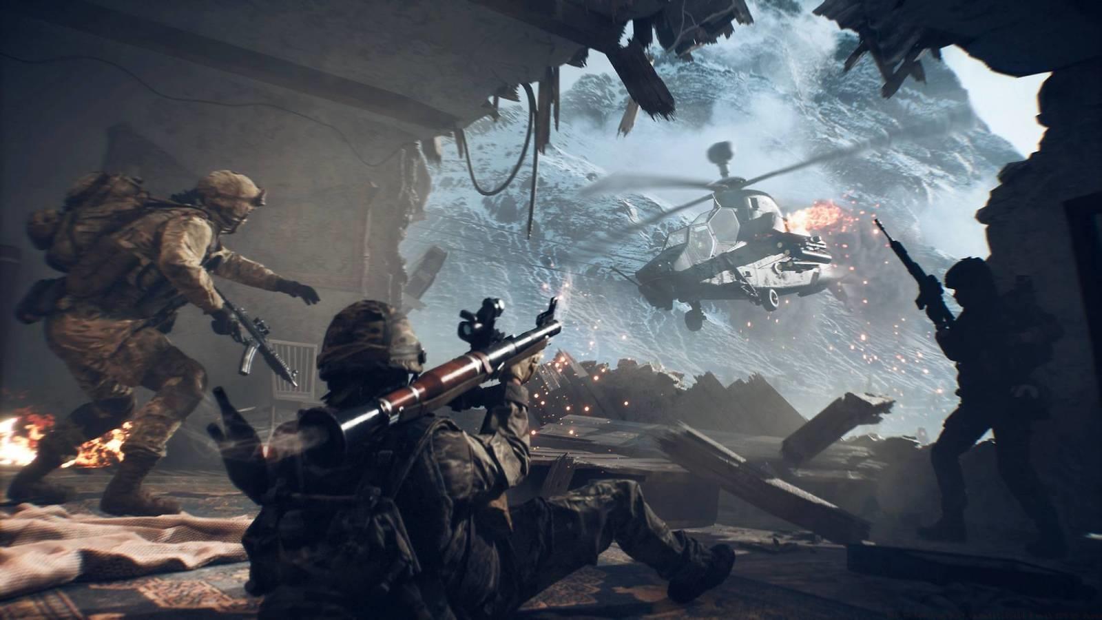 A soldier in Battlefield 6 fallen on his back aiming an RPG at a helicopter through a blasted hole in a building.