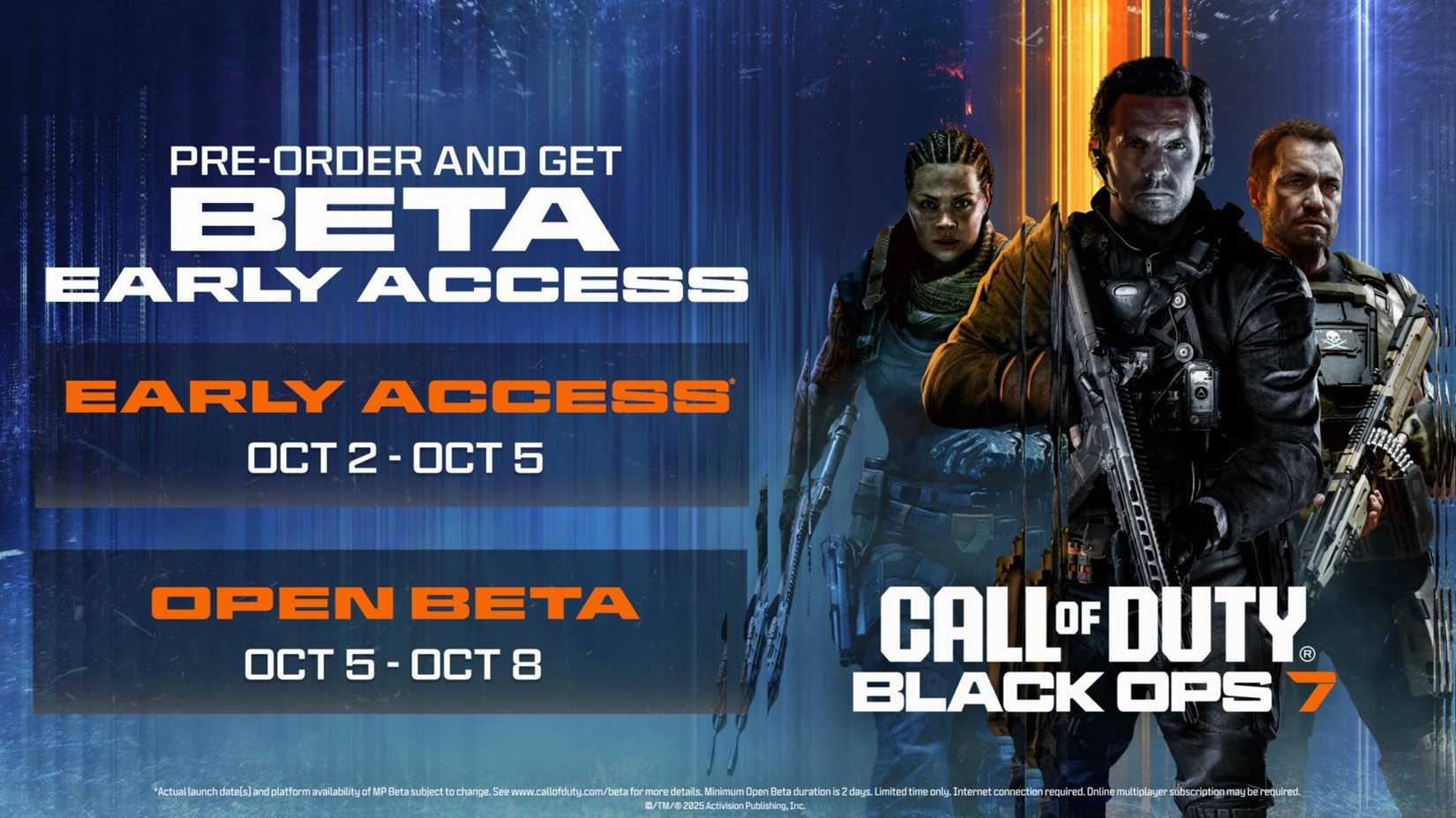 The promo image for the Black Ops 7 beta, showing the dates it's available (Oct 2-8).