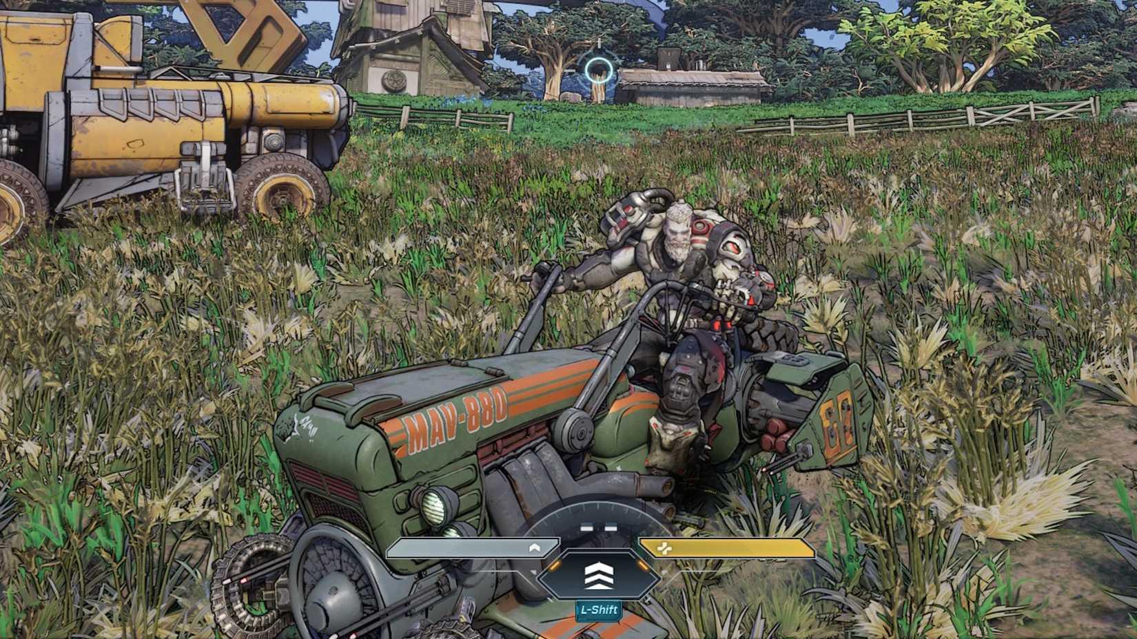 Amon riding a tractor-like motorbike in Borderlands 4