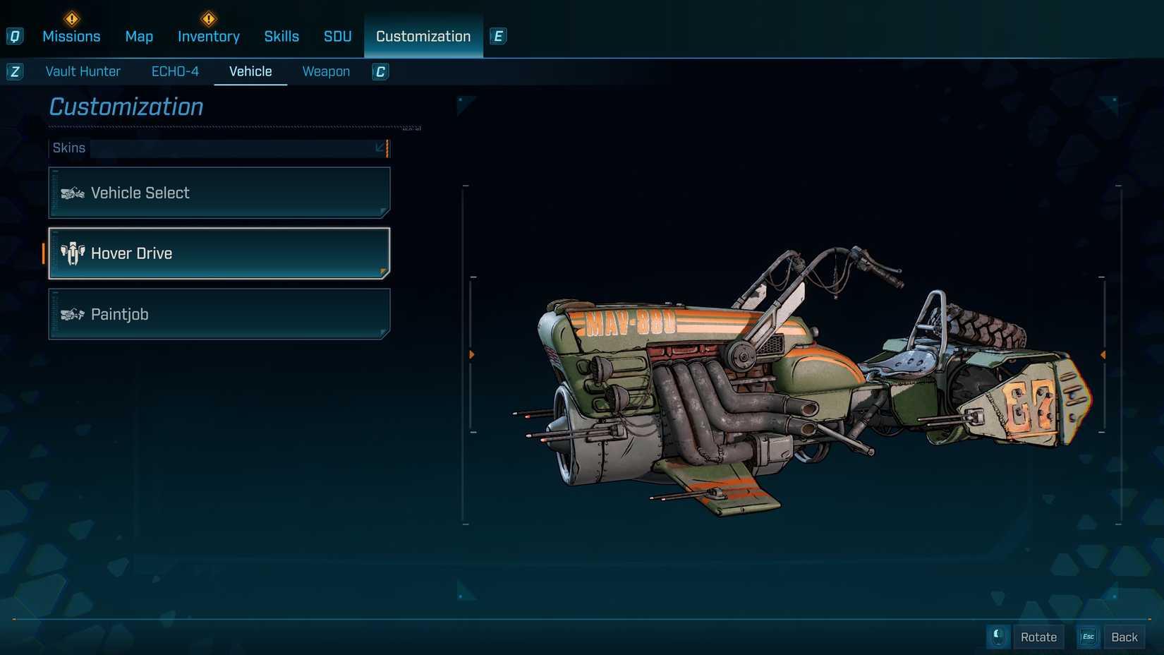 The vehicle customization menu in Borderlands 4