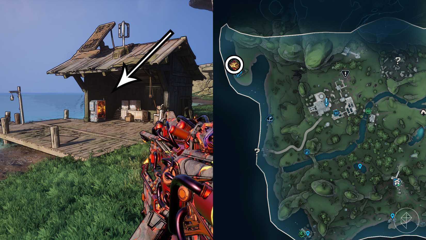 A montage of two Borderlands 4 screenshot showing the location of the Maurice's Black Market Vending Machine on Dec. 18