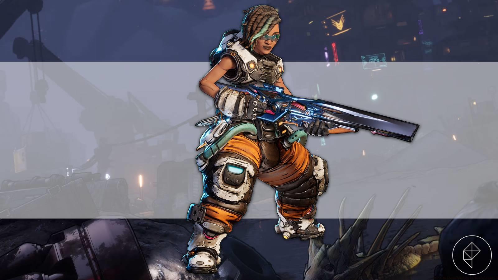 A montage showing Harlowe from Borderlands 4 in the middle and a landscape image on the back from the game