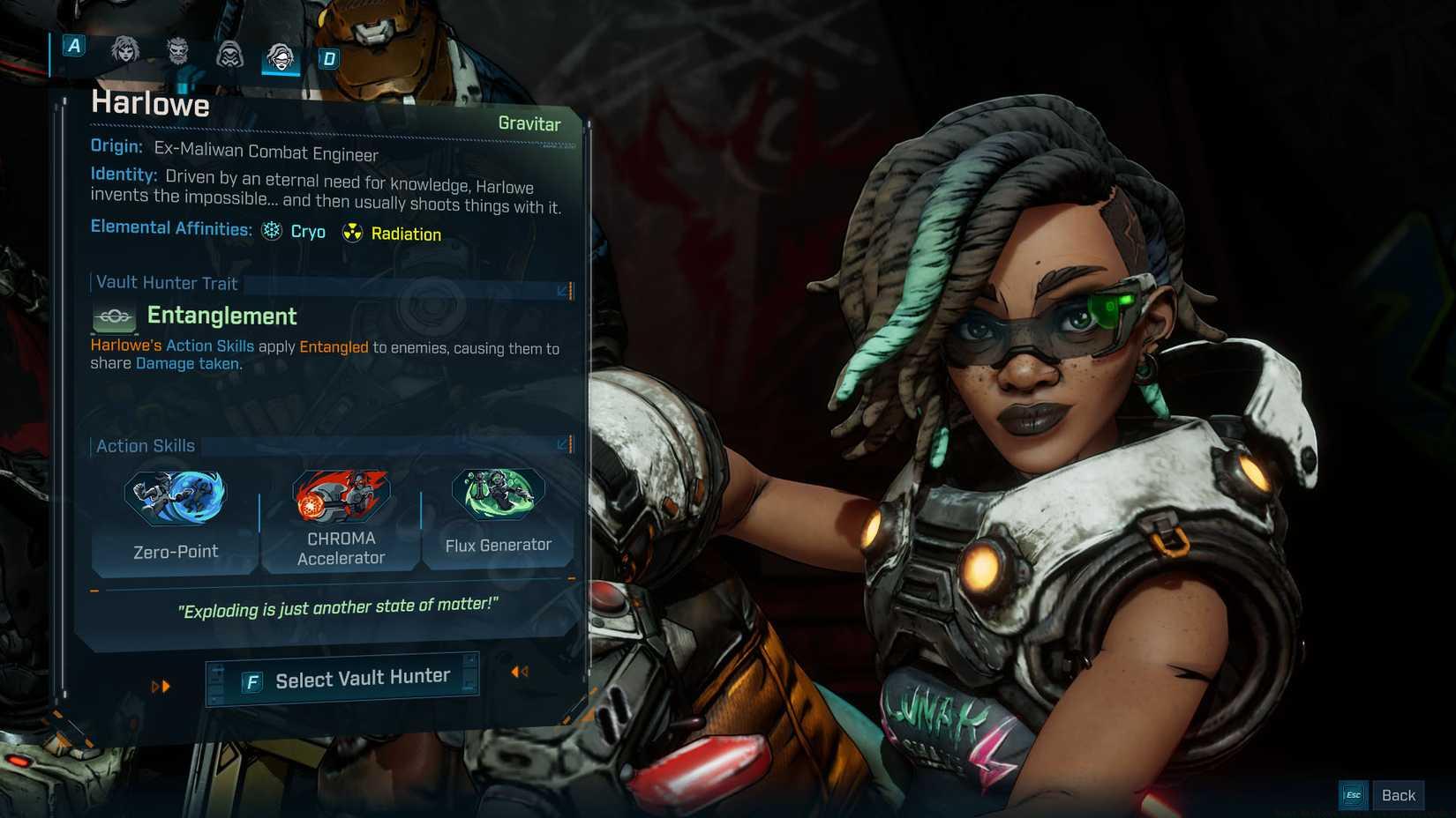 A Borderlands 4 screenshot showing Harlowe's skill trees