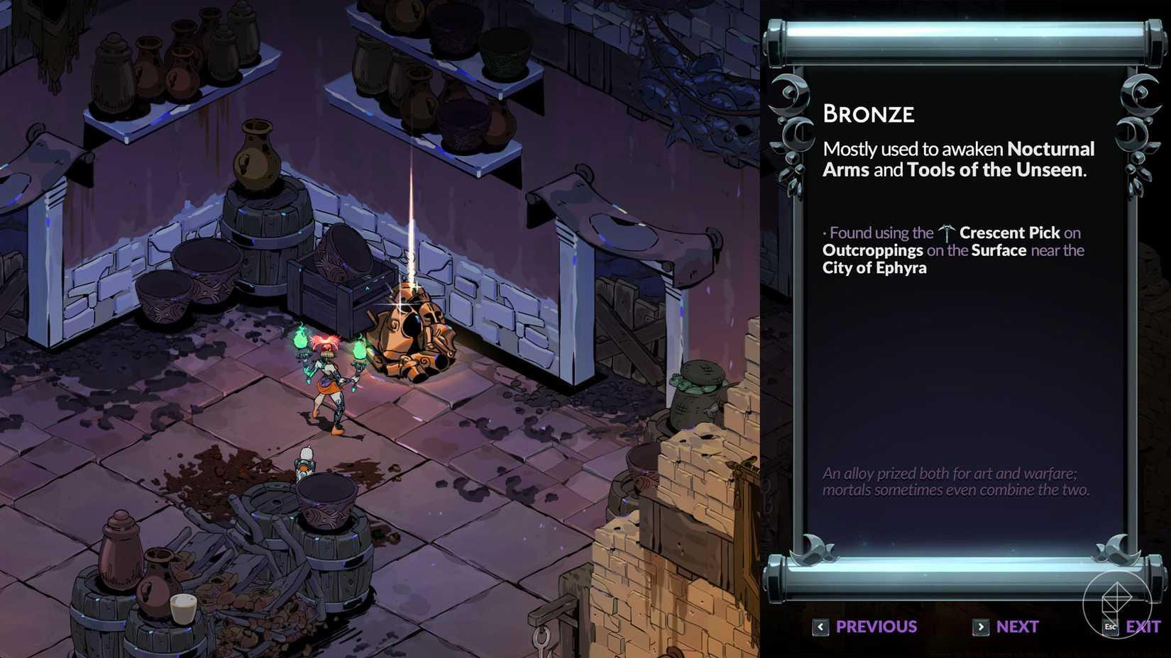 Melinoë standing beside a pile of bronze armor in Hades 2.