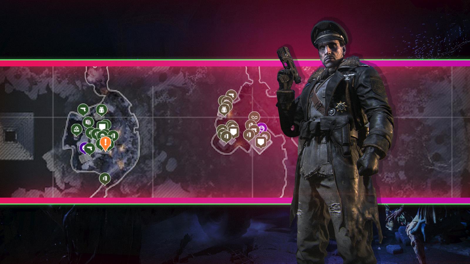 A man holding a small gun in front of the Ashes of the Damned map in Call of Duty: Black Ops 7