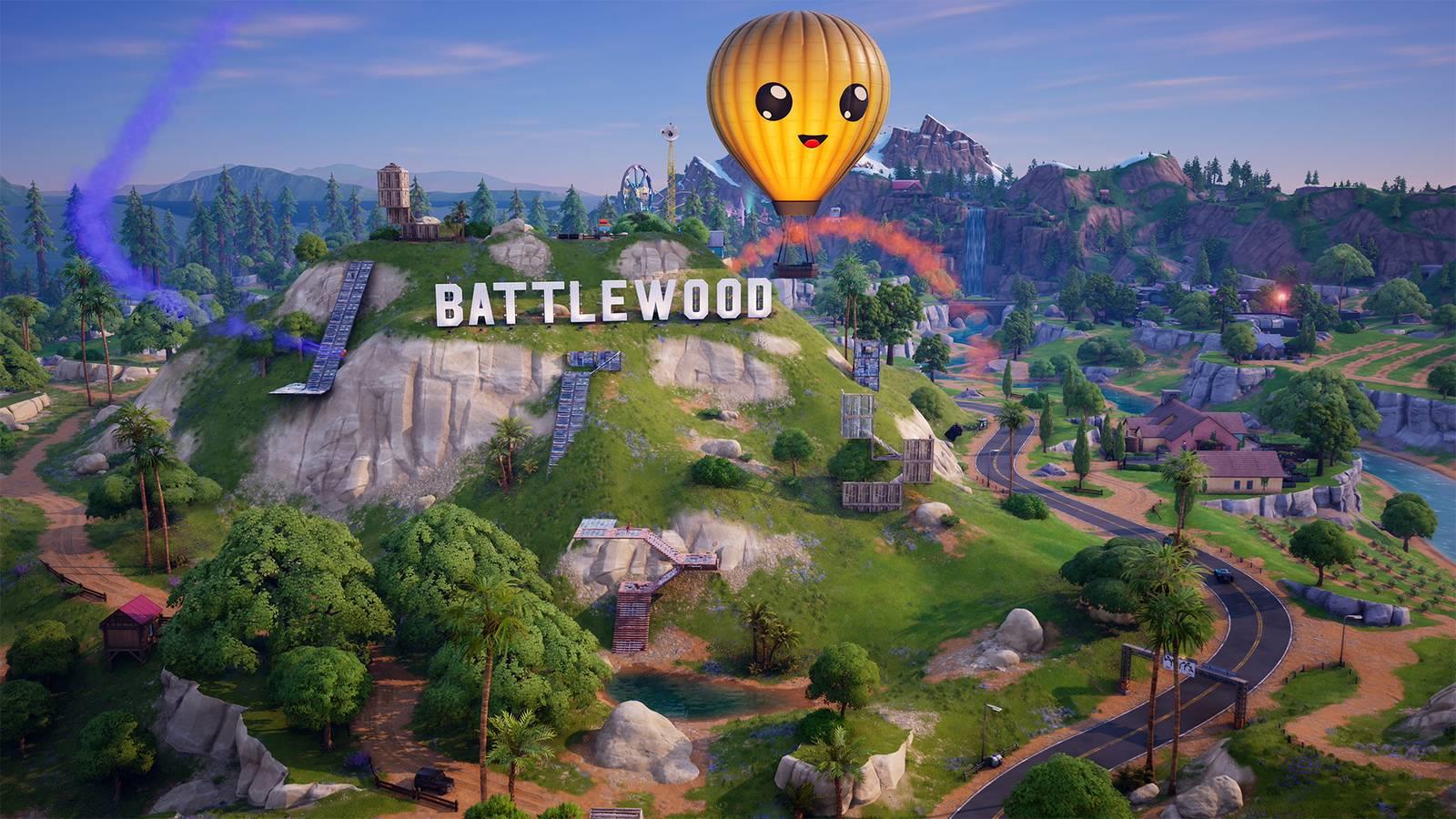 The Battlewood sign along with a hot air balloon in Fortnite Chapter 7 Season 1.
