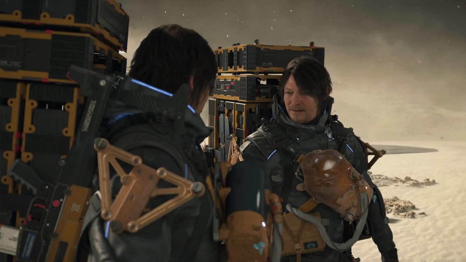 A Death Stranding 2 screenshot showing the main character Sam Porter looking at his reflection