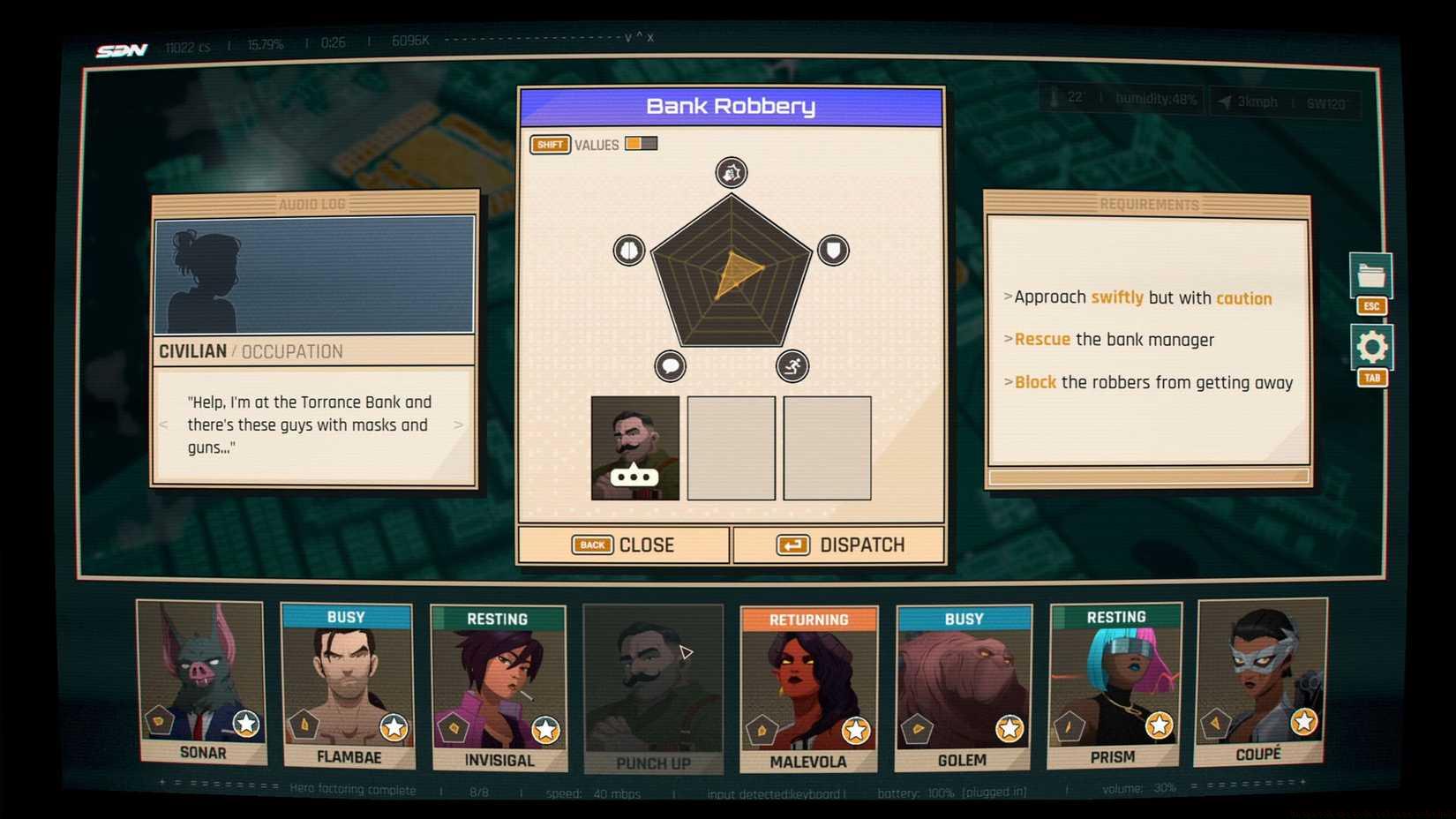 An officcial Dispatch screenshot showing a screen with a character's stats.