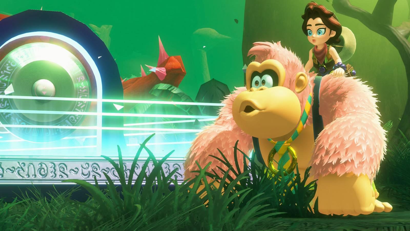 A Donkey Kong Bananza screenshot showing DK and Pauline in front of a Warp Gong