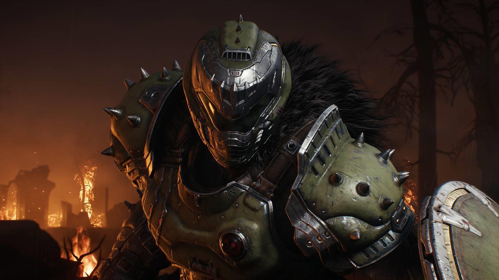The Doom Slayer wearing a fur cloak and holding a shield in Doom: The Dark Ages.