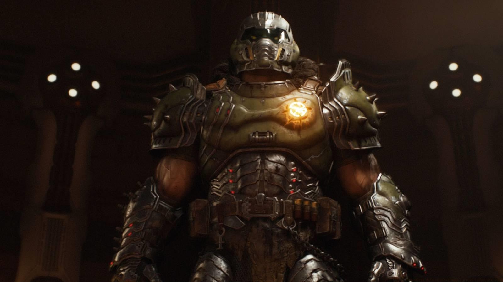 Doom Slayer posing with a shining insignia on their chest.