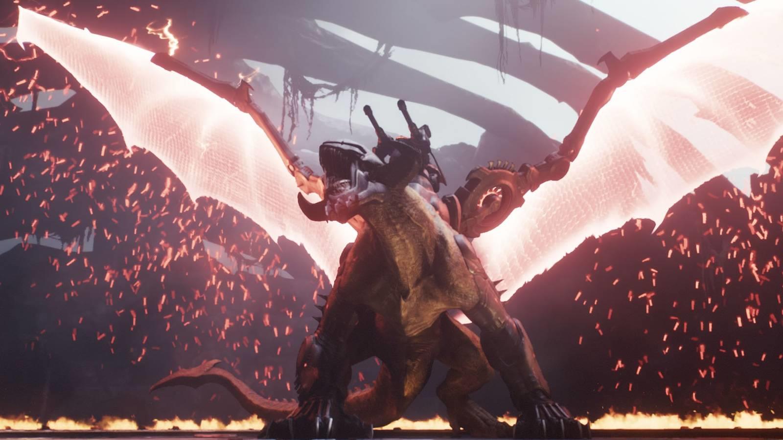 A Doom: The Dark Ages screenshot showing a quadruped creature with cyber-wings on its back. The wings are open showing a layer of red energy which forms part of each wing.