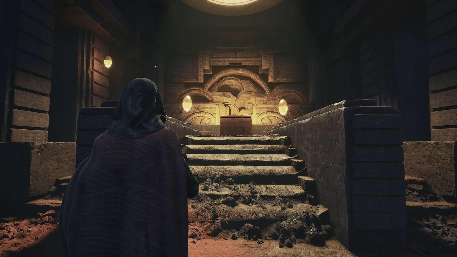 A Dune: Awakening screenshot showing a character in front of an golden altar