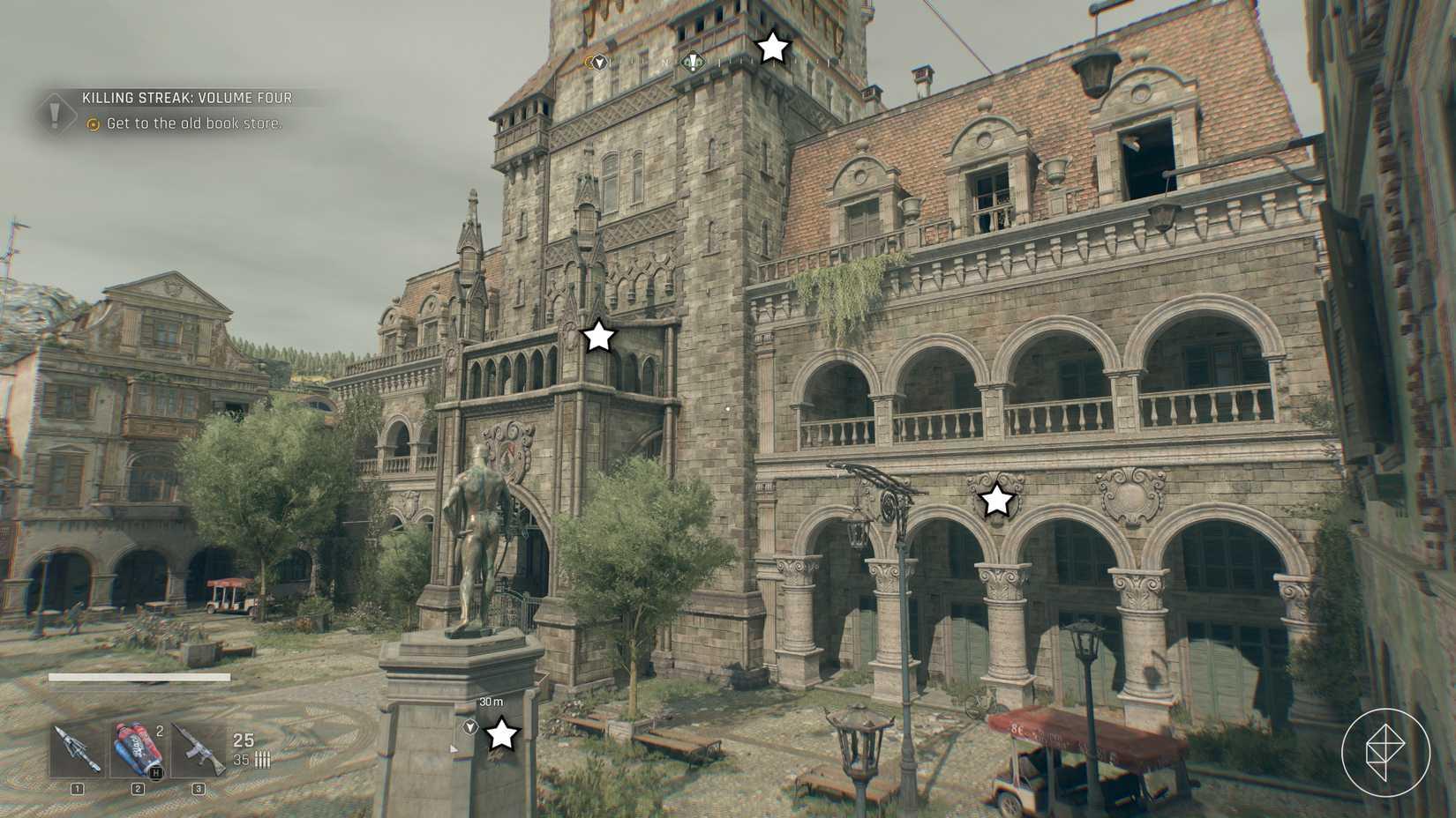 Crest locations around the Town Hall statue in Dying Light: The Beast.