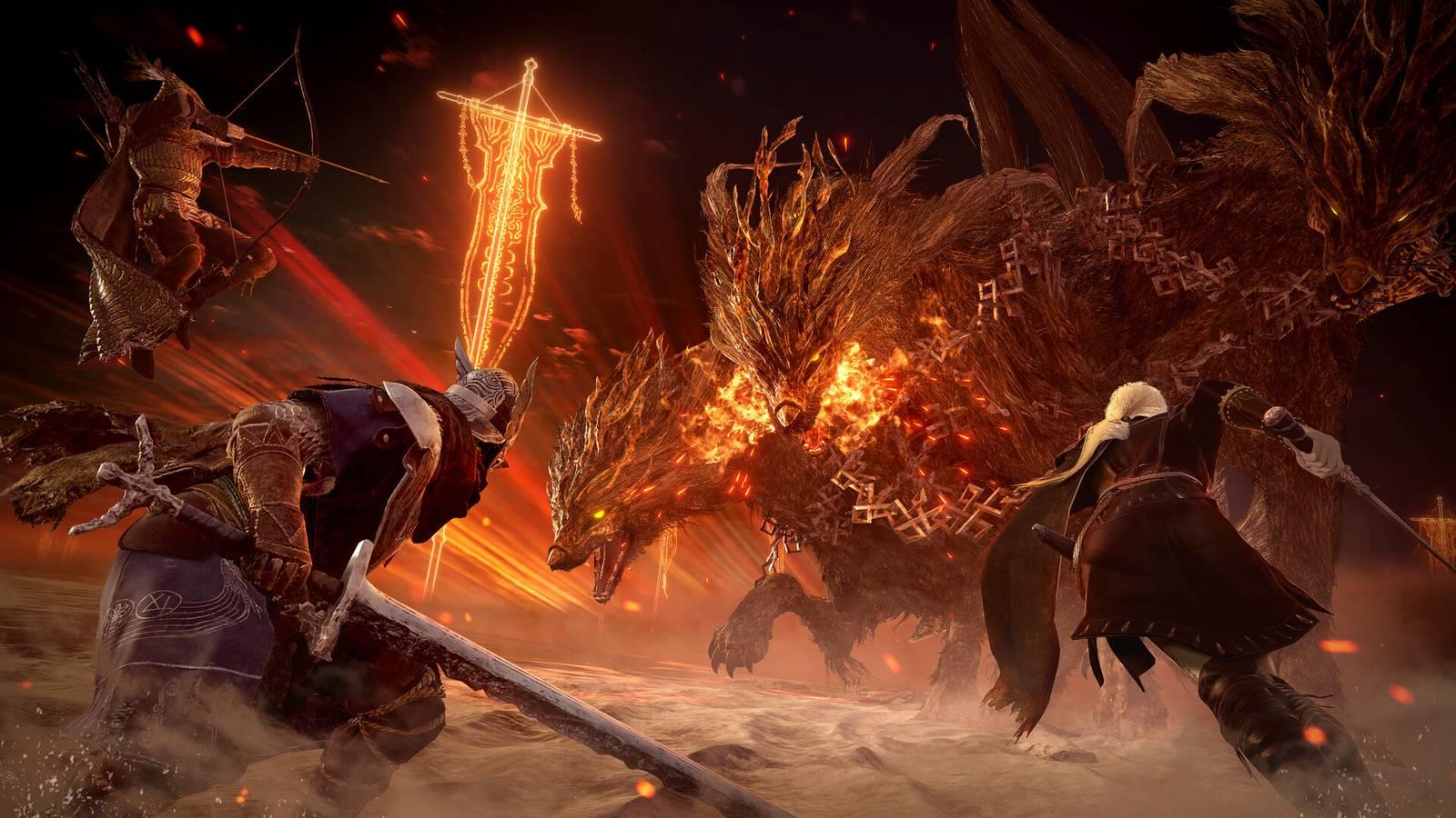 Three players fight a dragon in Nightreign