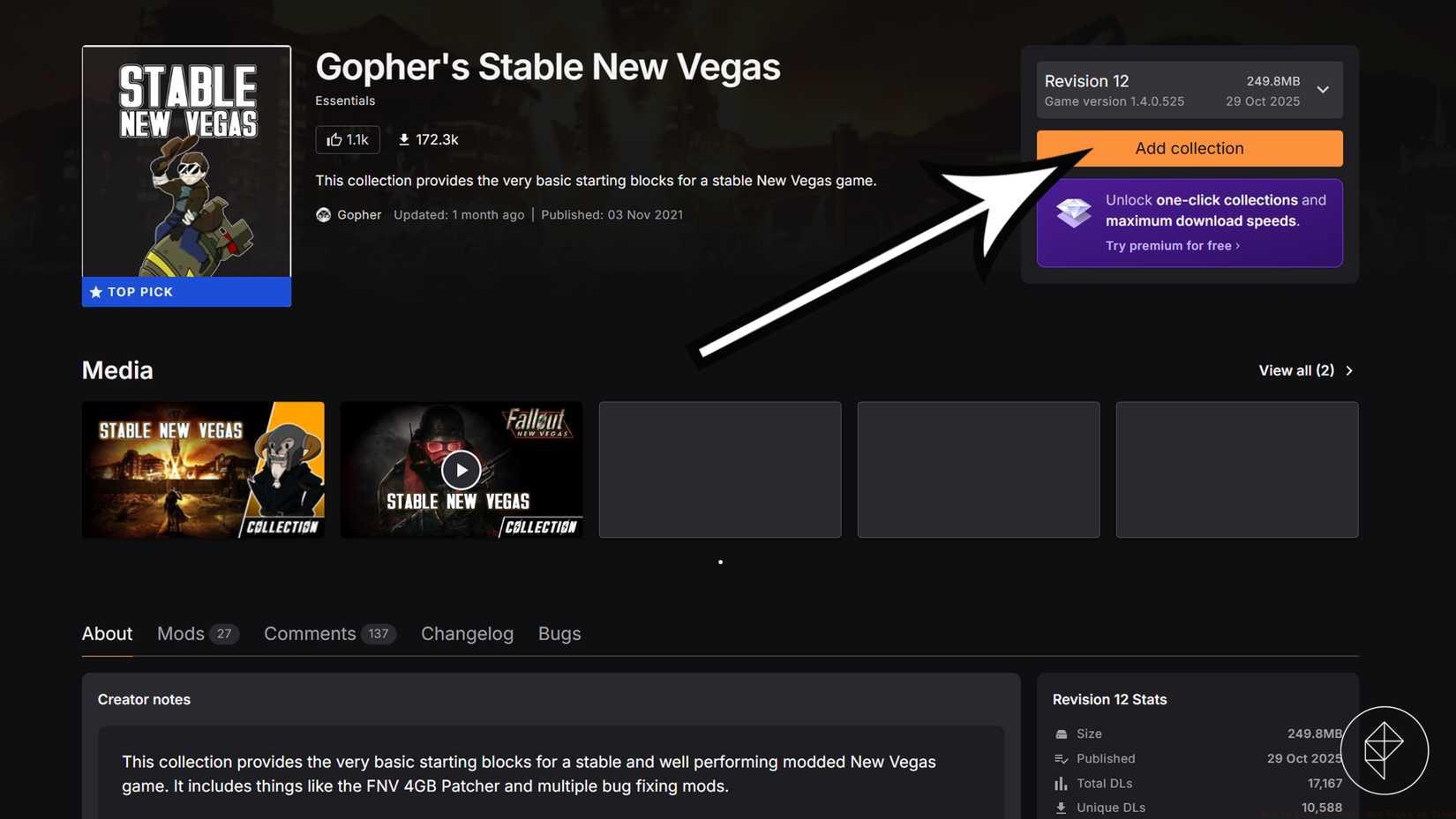 An arrow points to the "add collection" button on a Fallout: New Vegas mod pack.