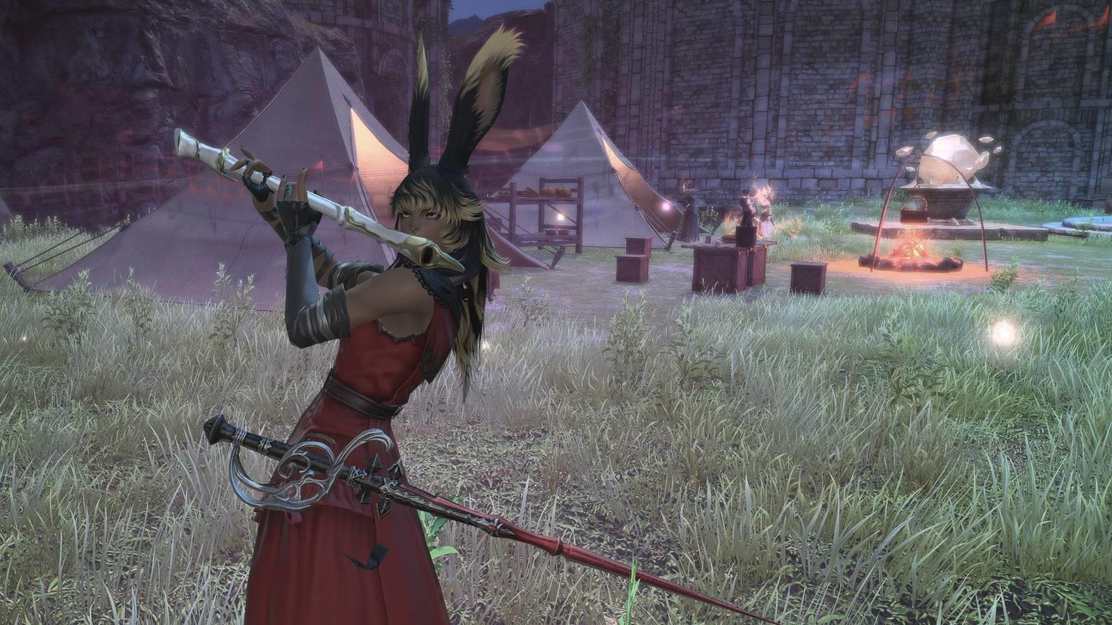 A Red Mage Viera plays a flute using a Phantom Bard skill in FFXIV