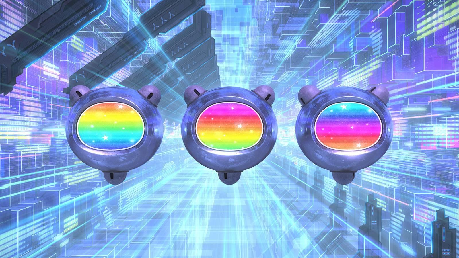 Three round screens with rainbows on them inside of Vault Oneiron in FFXIV