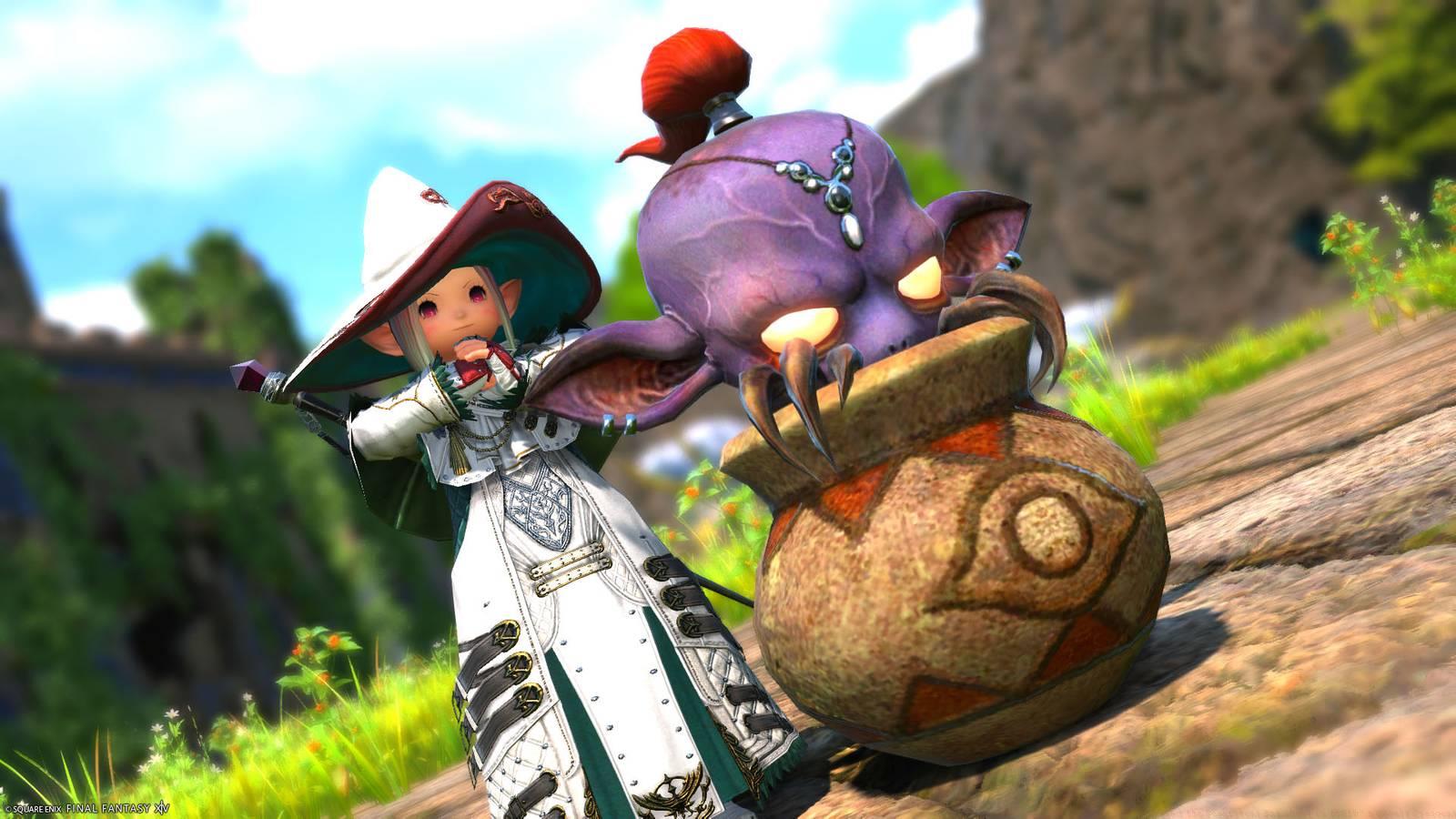 A Final Fantasy XIV screenshot showing a White Mage lalafel and a pot creature