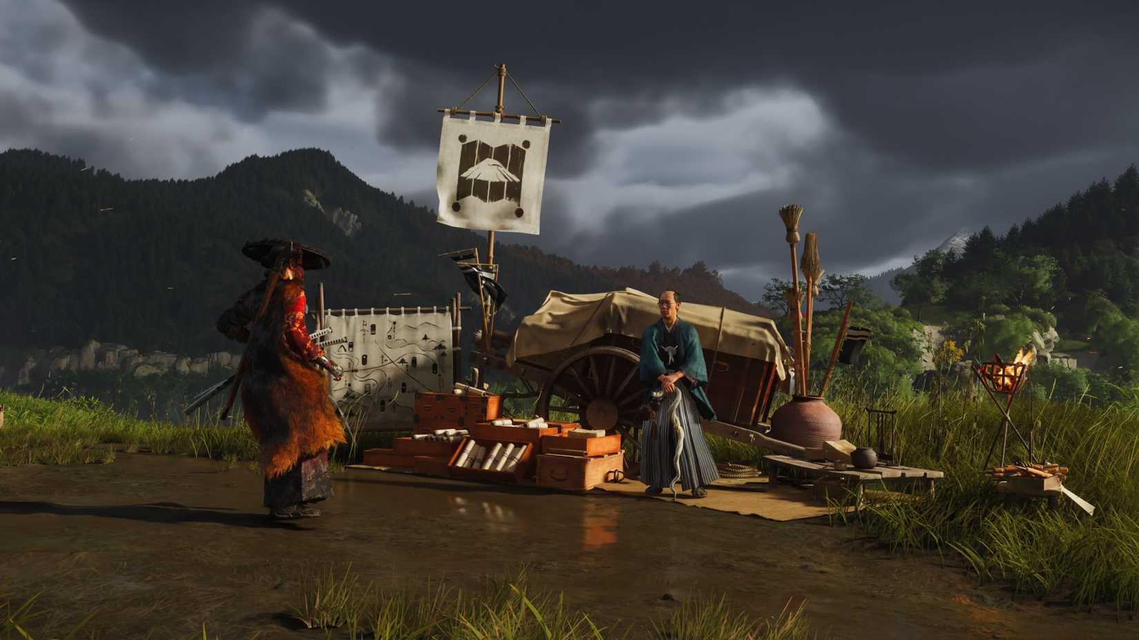 Atsu stands in front of a cartographer in Ghost of Yotei.