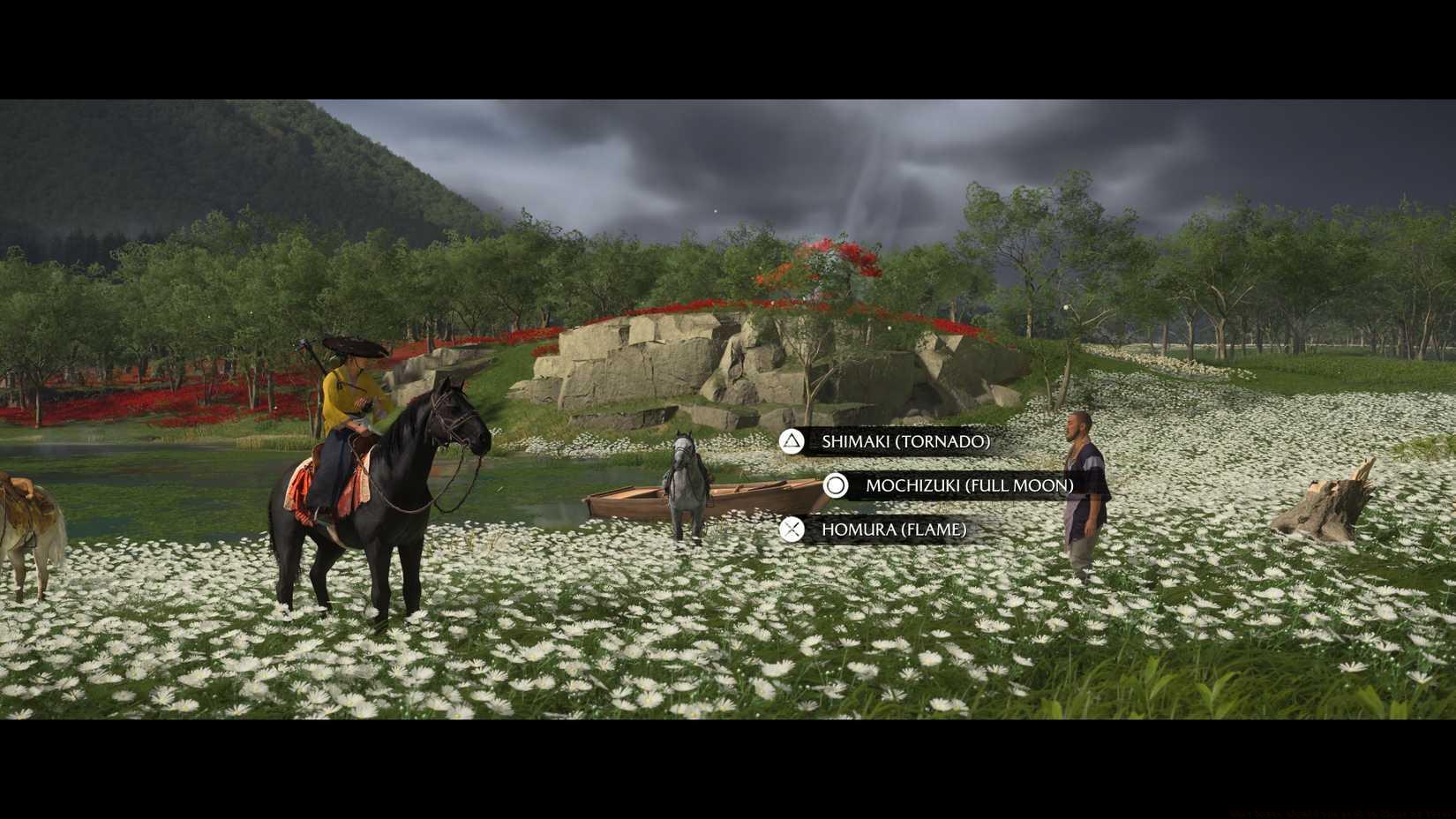 Atsu astride a black horse in Ghost of Yotei