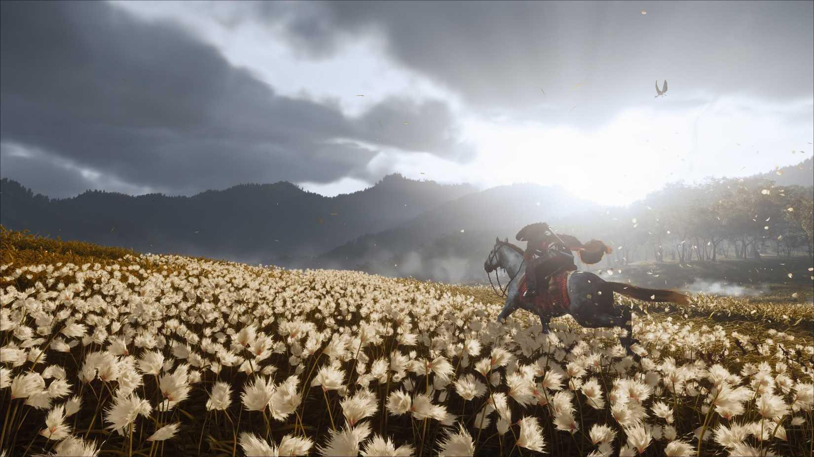 Atsu rides a horse across a field of flowers in Ghost of Yotei.