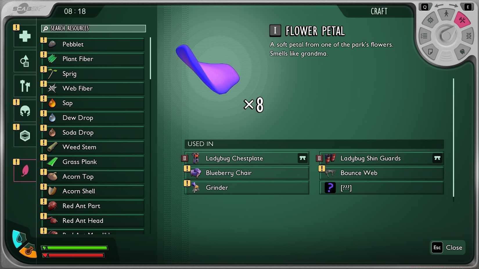 Grounded 2's crafting menu, showing what flower petals are used for