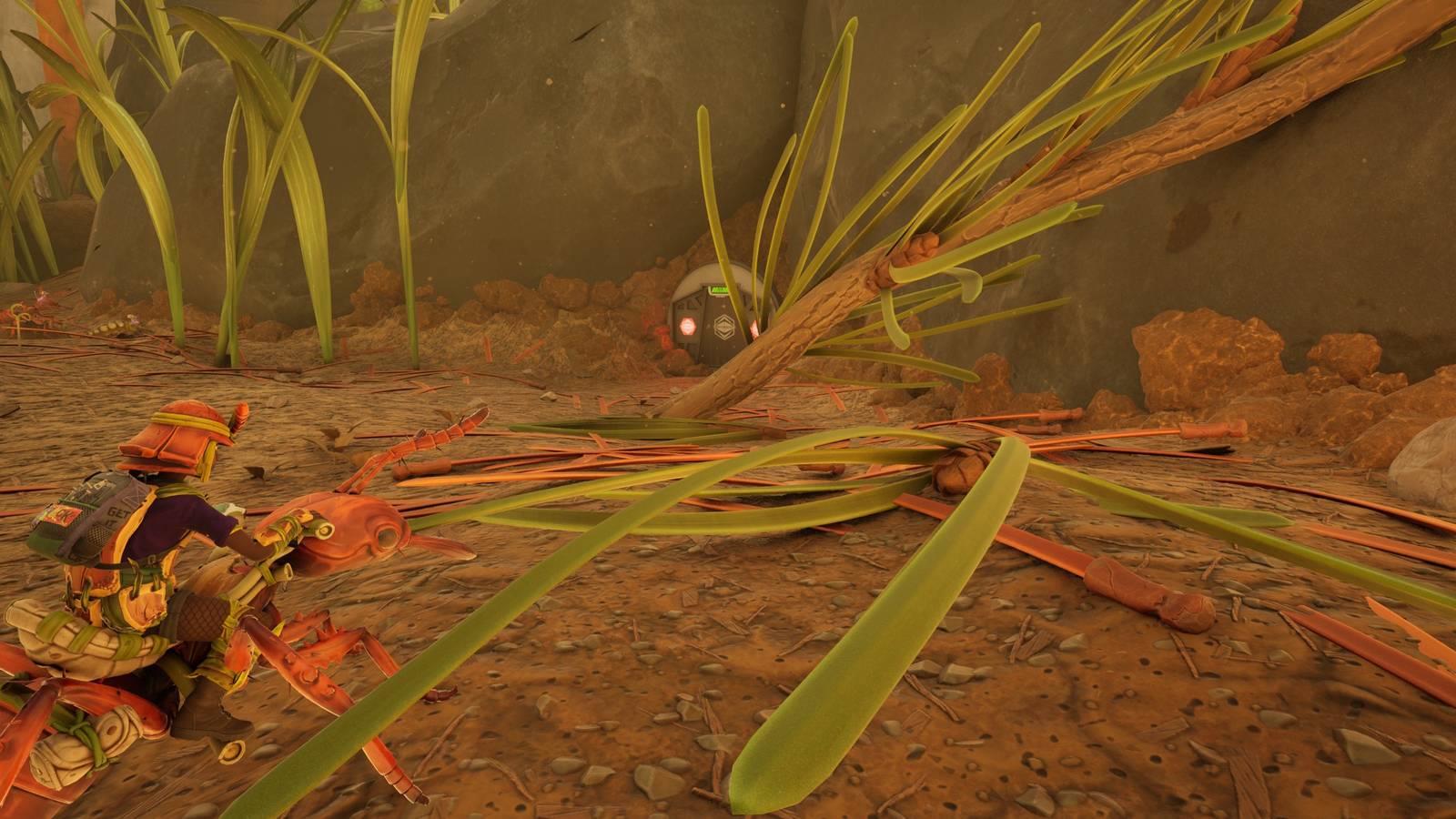 Willow riding an ant buggy in Grounded 2 and looking at pine needles