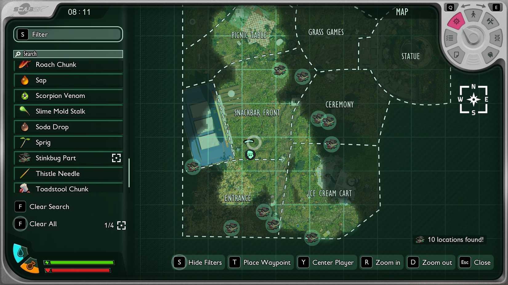 A resource finder map in Grounded 2 showing where to find stinkbugs