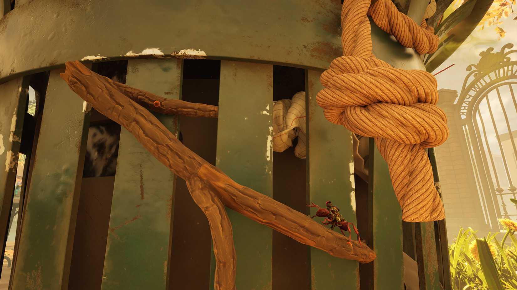 A wide shot showing Willow climbing a branch on the side of the trash can in Grounded 2