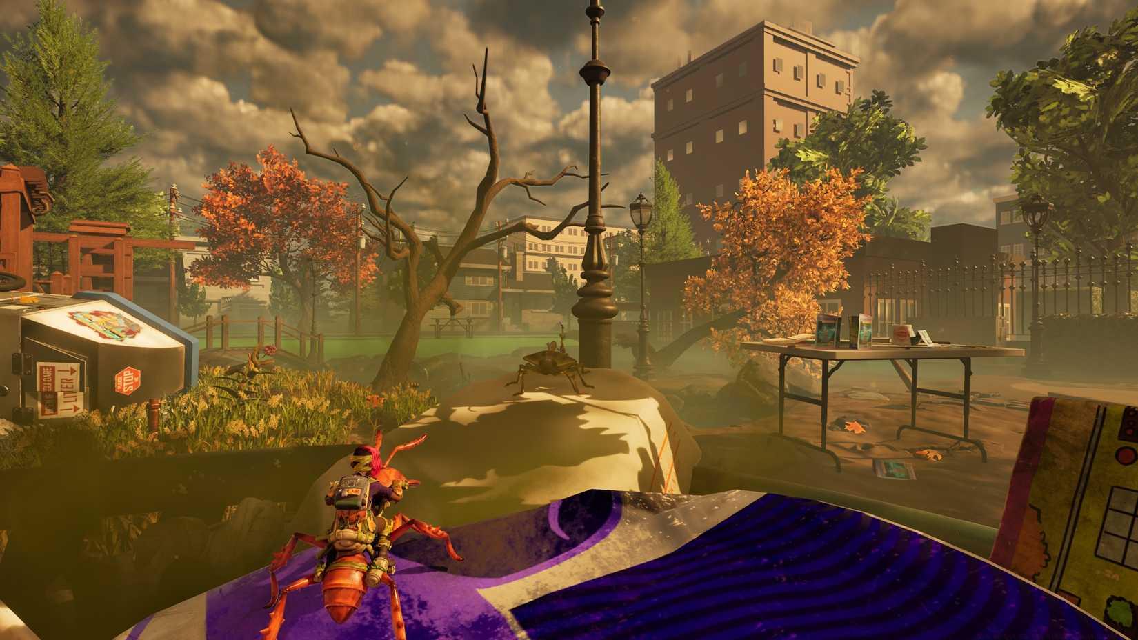 Willow looking at an O.R.C. stinkbug on Grounded 2's trash can