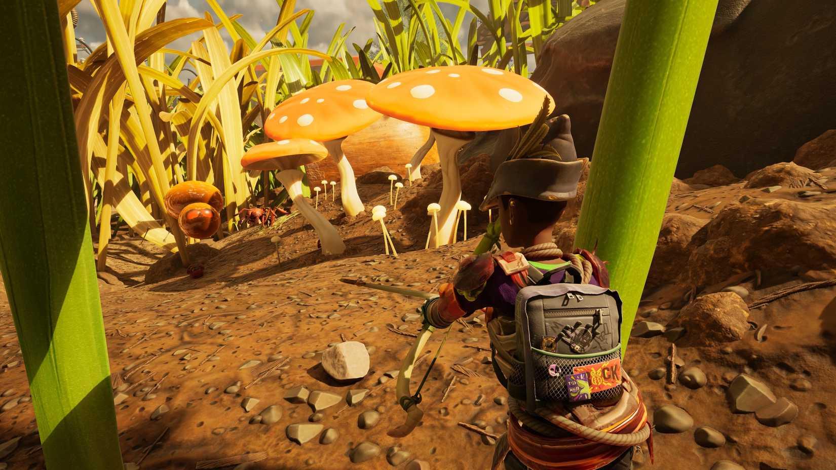 Willow aiming an arrow at a safe-mode Wolf Spider in Grounded 2