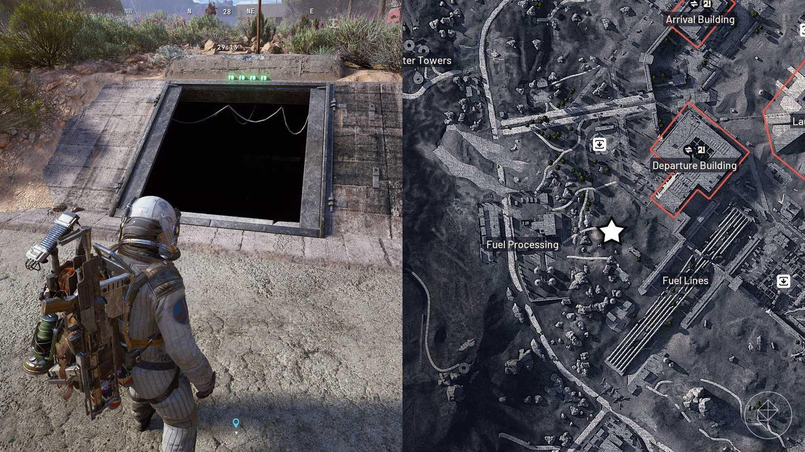 The entrance to the Hidden Bunker on Spaceport along with its location marked on the Arc Raiders map.