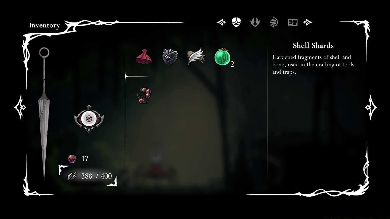 Shell Shards in the inventory in in Hollow Knight: Silksong.
