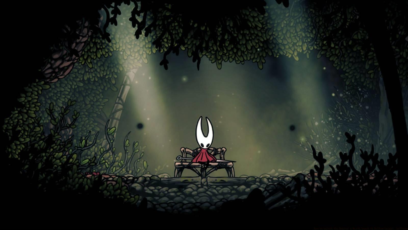 Hornet sitting at the Hunter's March Bench in Hollow Knight: Silksong.