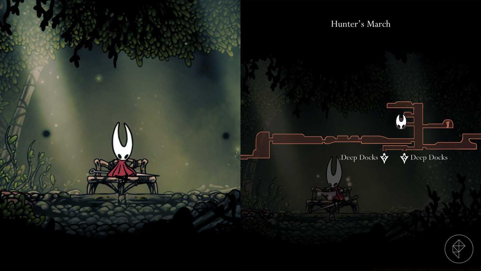 Hornet sitting at a bench in Hunter's March with its location marked on the map with Hornet's head.