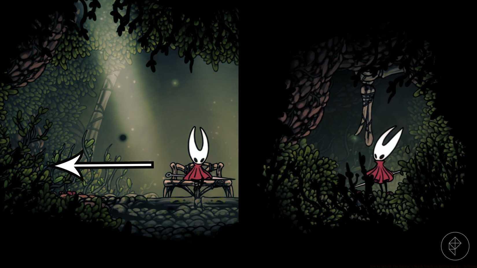 An arrow pointing to a secret lever beside a bench in Hollow Knight: Silksong.
