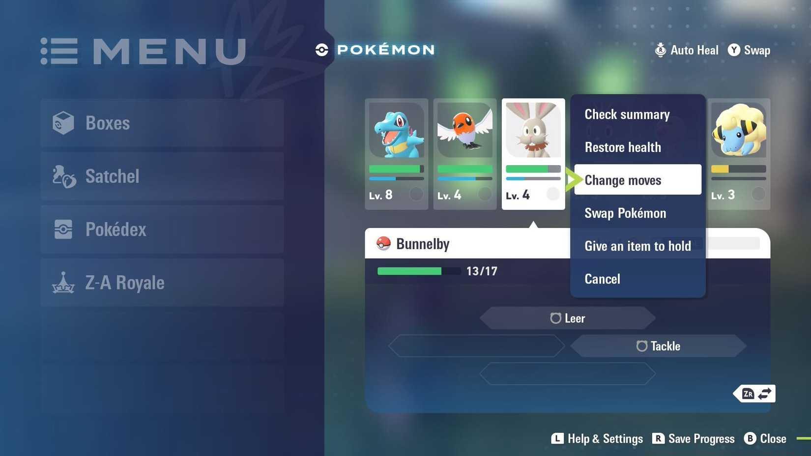A Pokémon Legends: Z-A menu showing the "change moves" option.