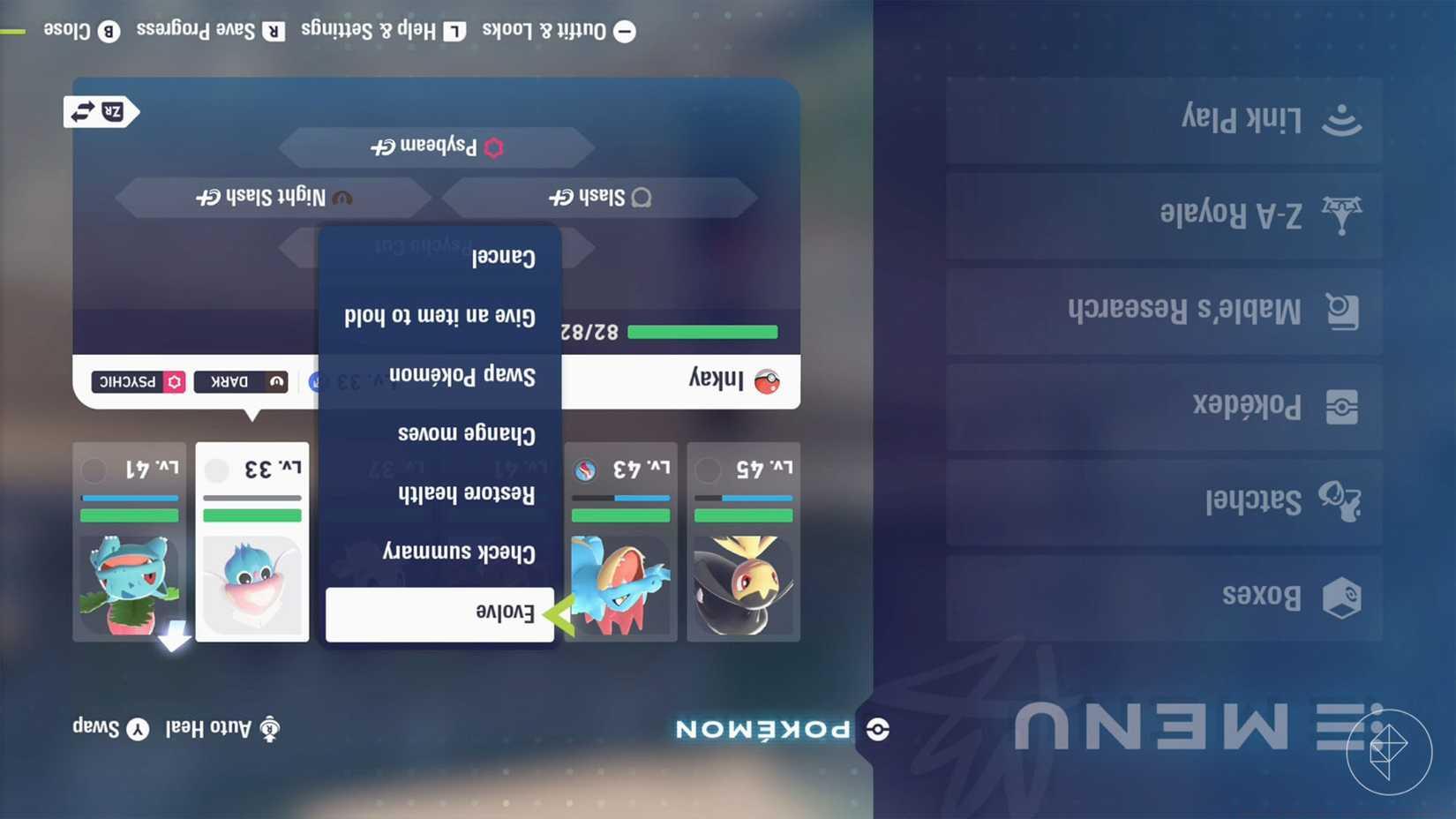 The Inkay evolution screen upside-down in Pokémon Legends: Z-A.