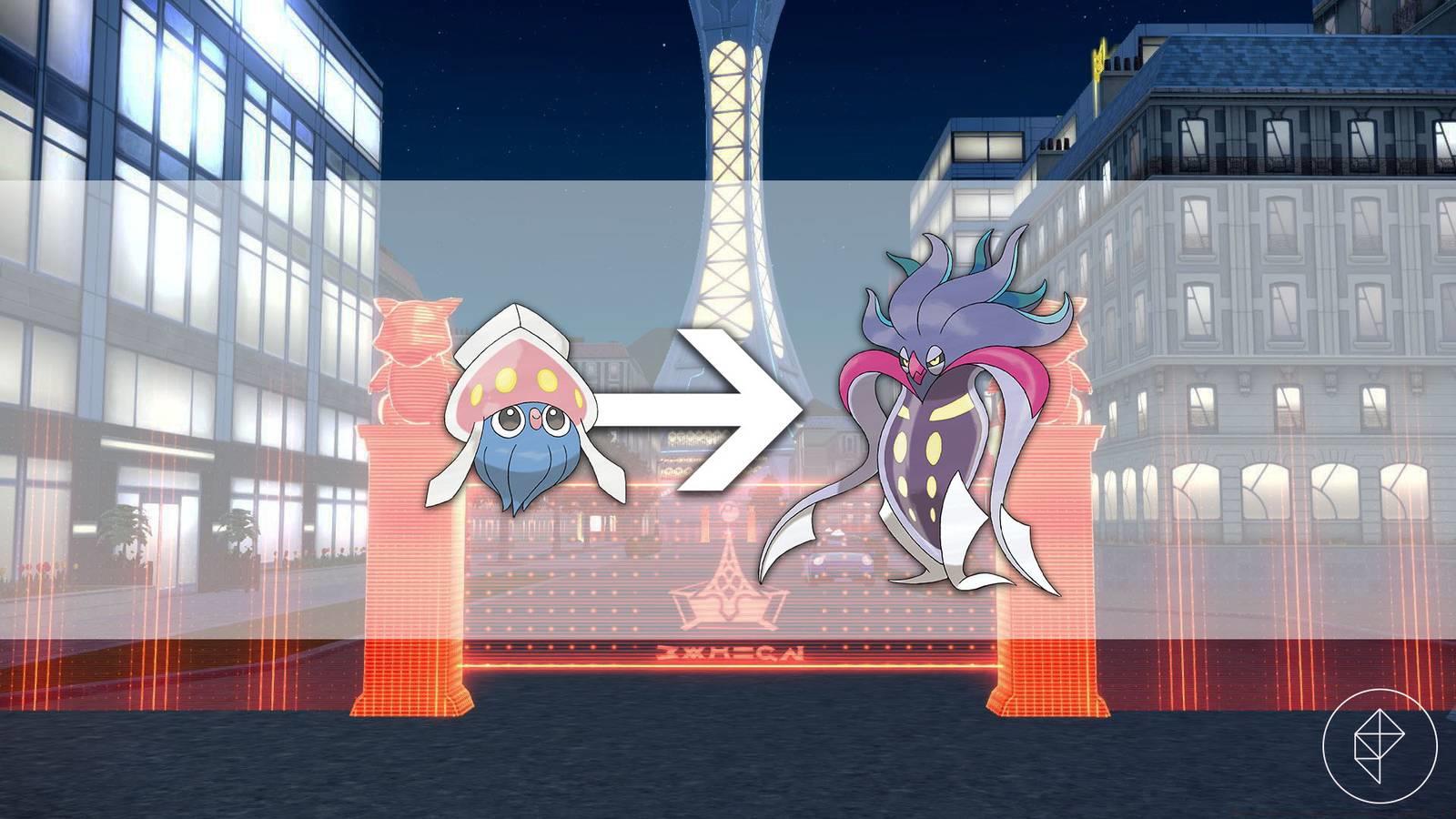 Inkay with an arrow behind it pointing towards Malamar in front of the Prism Tower from Pokémon Legends: Z-A.
